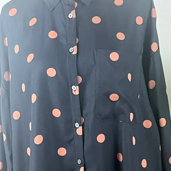 Loft Black with Tan Polka Dots Long Sleeve Collared Blouse Oversized Small - Picture 4 of 10